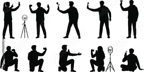 People taking selfies with different poses isolated on white background, Vector