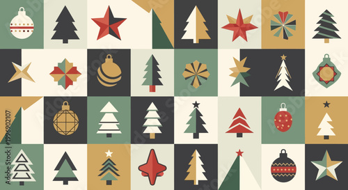 Christmas Pattern with Minimalist Trees and Ornaments in Retro Colors