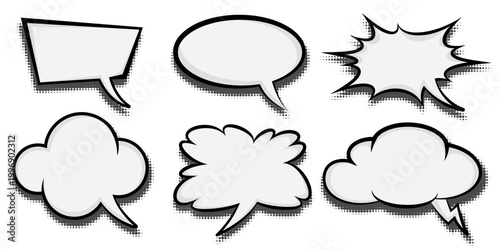 Manga speech bubbles for comics. Anime box frame for text with halftone effect. Cartoon vector explosion clouds for dialogues and messages.