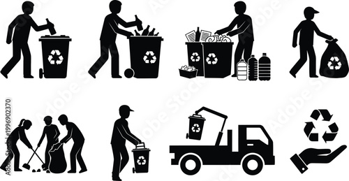 People recycling waste and sorting trash properly isolated on white background, Vector