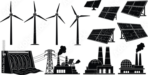 Renewable and traditional energy sources illustration isolated on white background, Vector