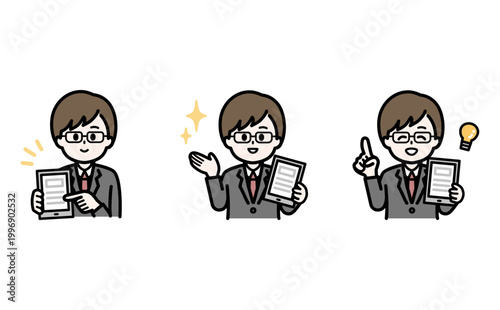 データ分析をするスーツを着たビジネスマンの人物イラストポーズセット