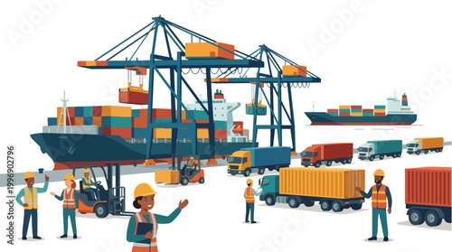 Industrial shipping port logistics illustration featuring container ships gantry cranes trucks and workers in safety gear managing global trade and maritime transport operations