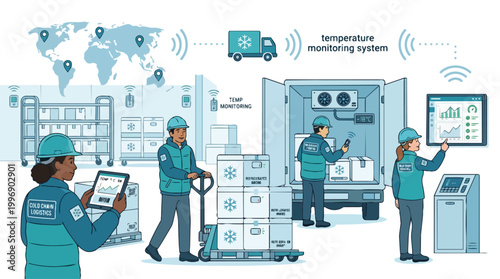 Cold chain logistics workers monitoring temperature and shipping goods in a refrigerated warehouse with smart technology and global tracking systems for food safety