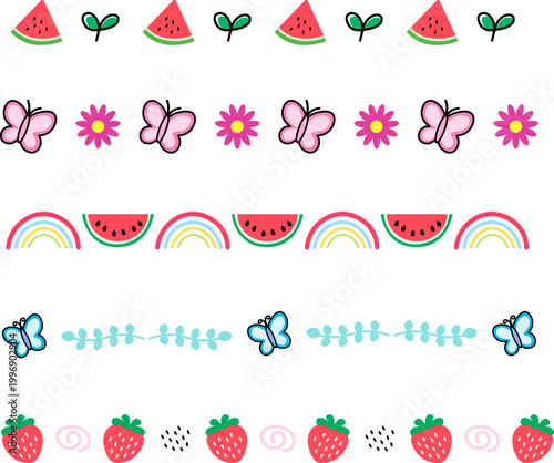 Illustrated decorative pattern featuring watermelon slices, strawberries, butterflies, rainbows, flowers and leaves in flat cute style