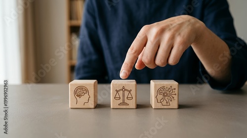 A hand points to a wooden cube with scales of justice icon between cubes depicting human brain and artificial intelligence law fairness balance decision choice legal ethics
