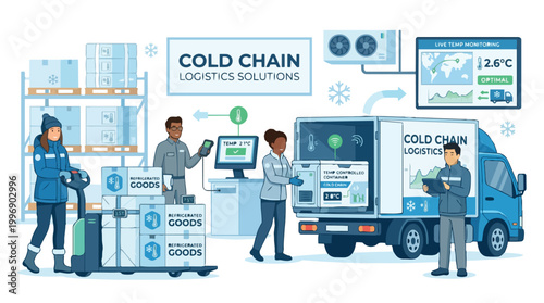 Cold chain logistics solutions illustration featuring workers loading refrigerated goods into a delivery truck for shipping in a temperature controlled warehouse industry