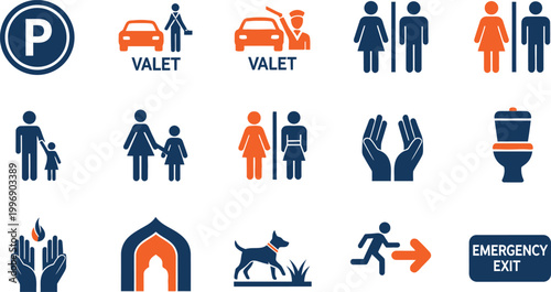 Public service icons set, 15 wayfinding vector symbols for navigation, valet parking and restroom signage, emergency exit and facility labels