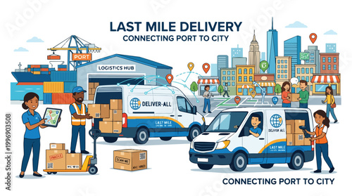 Illustration of the last mile delivery process connecting a shipping port to a city with workers loading packages into vans at a logistics hub for urban distribution
