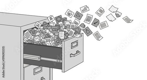 Filing cabinet drawer overflowing with numerous documents and papers, some flying out.