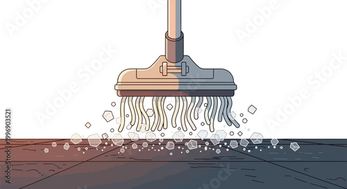 An illustration of a mop head cleaning a dirty floor with suds and bubbles, depicting a cleaning process.