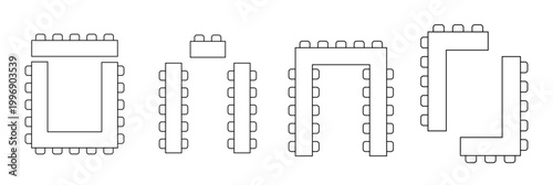 Top view banquet layout with furniture arrangement. Vector illustration showing event seating blueprint. Graphic design of dining room setup with interior architecture scheme and outline elements.