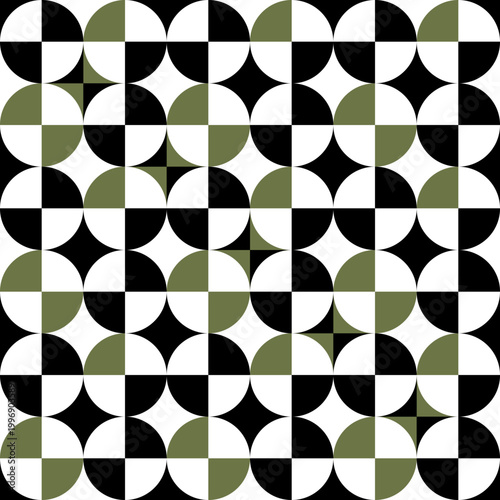 Seamless Geometric Pattern with Olive Green Accents, Modern Retro Circle Design
