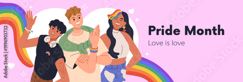 Happy Pride Month background with homosexual, transgender people. Horizontal LGBTQ banner design with LGBT parade celebration, lesbian and gay men and women, rainbow flag. Flat vector illustration