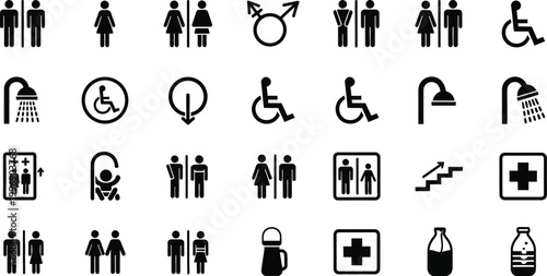Public restroom icons and navigation symbols set, black minimalist bathroom signage vector, universal accessibility and facility wayfinding graphics