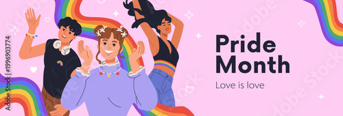 Pride Month background, horizontal design with LGBT people. LGBTQ banner with happy homosexual, transgender, gay and lesbian characters, rainbow flag for queer parade. Flat vector illustration