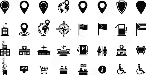 Map location icons set, black navigation pin symbols and travel destination markers, 32 vector elements for wayfinding and logistics