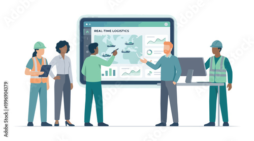 Diverse team of logistics professionals and industrial workers analyzing real-time global shipping data on a large digital dashboard for supply chain management and industry efficiency
