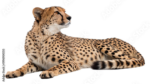 Cheetah lies quietly on a plain surface looking to the side in a well-lit indoor space during daytime