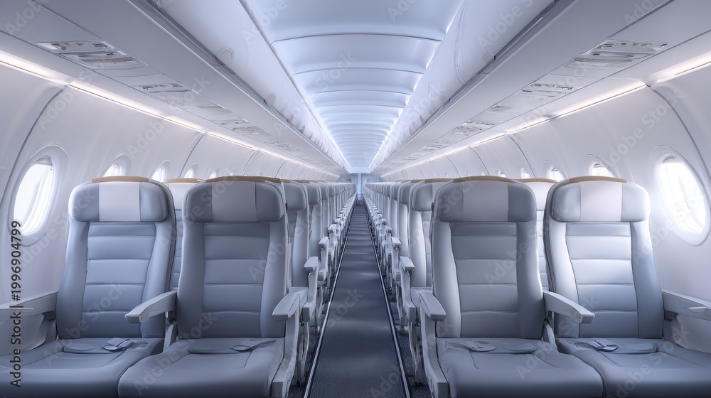Obraz premium Empty commercial airplane cabin with unoccupied seats and calm lighting
