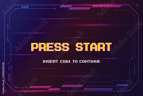 PRESS START. insert coin to continue. pixel art 8-bit. Retro Futurism Sci-Fi Background. glowing neon grid and stars from vintage arcade computer games