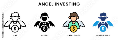 Angel investing icon set with investor character wings and dollar symbol representing startup funding support in line, glyph, lineal color and glyph color styles