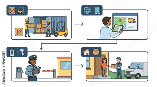 Logistics and supply chain process illustration showing warehouse workers loading cargo tracking shipment on digital map security check and final home delivery service