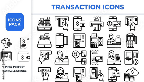 Transaction finance line icon pack vector illustration with editable stroke for banking interface design