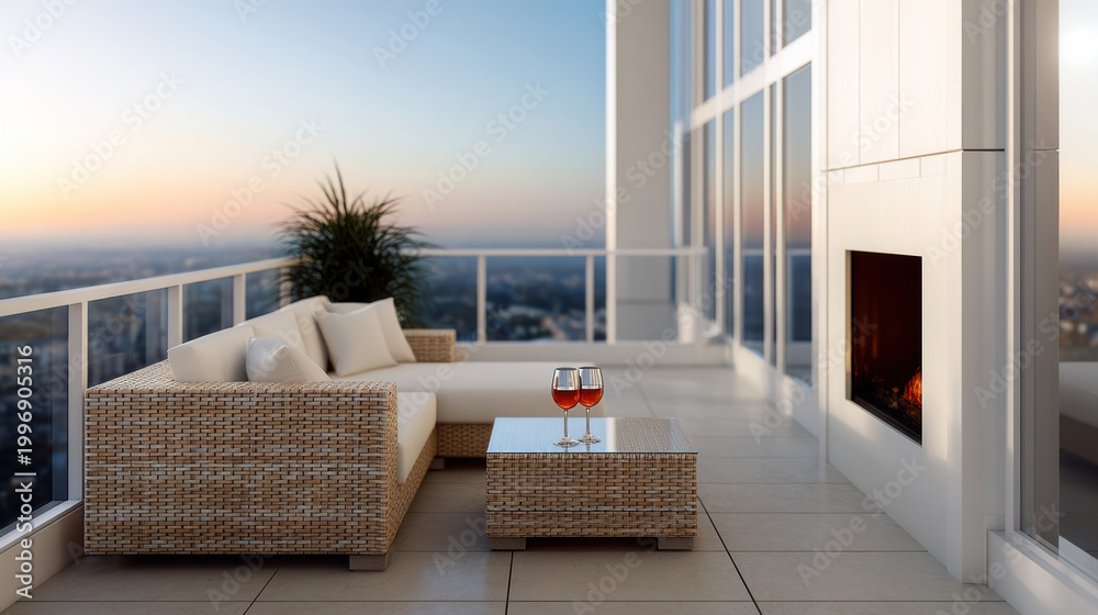 Fototapeta premium Modern penthouse balcony with wicker sofa, glass table, fireplace, city view, sunset, and two wine glasses create cozy, luxurious atmosphere