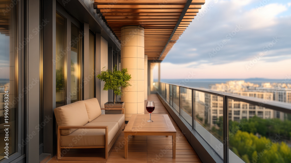 Fototapeta premium Modern skyscraper penthouse balcony with glass railing, wooden furniture, cityscape view, and sunset ambiance, peaceful and inviting