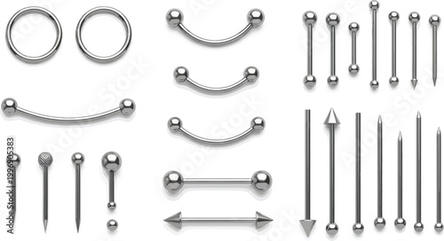 Collection of various stainless steel body piercing jewelry and implements vector graphic