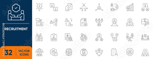 Recruitment Icon Set. Containing Agency, Interview, Hiring, Headhunting, Negotiation, Talent Acquisition, Onboarding and more. Editable vector Line icons collection.