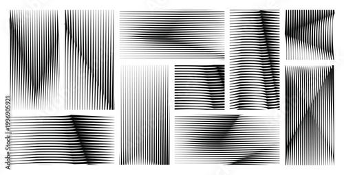 Abstract op art line distortion set, black and white wave interference patterns.