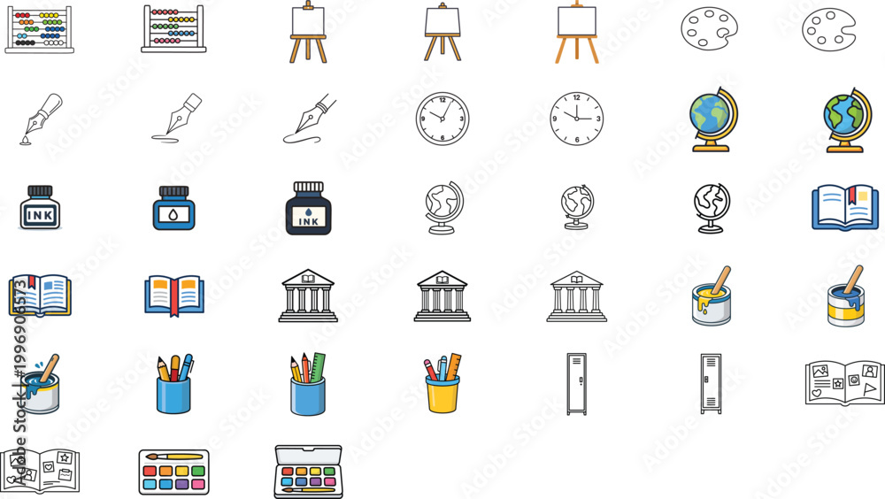 Fototapeta premium 29 Minimalist Education and Art Vector Icon Set featuring Easel, Palette, Globe, Library, and School Supplies. Hand-Traced Line Art Bundle with Editable Stroke and Adjustable Line Weight.