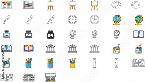 29 Minimalist Education and Art Vector Icon Set featuring Easel, Palette, Globe, Library, and School Supplies. Hand-Traced Line Art Bundle with Editable Stroke and Adjustable Line Weight.
