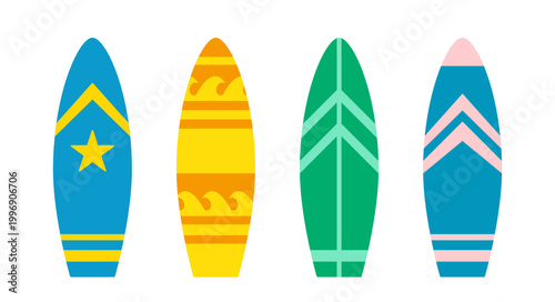 Tropical Beach Vacation Surf Board.
Colorful Surfboard Collection Flat Clipart.
Summer Beach Surfboard  Vector Illustration Set.