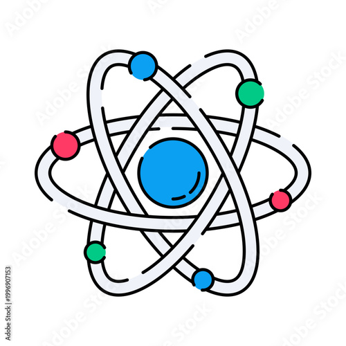 Atom Structure Flat design style, atomic model with orbiting electrons, symbolizing science concept, ideal for education and research graphics 