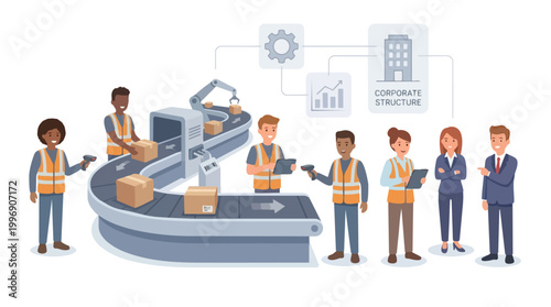 Diverse team of warehouse workers and business professionals managing automated shipping and logistics operations with conveyor belt and robotic arm in a modern industrial facility