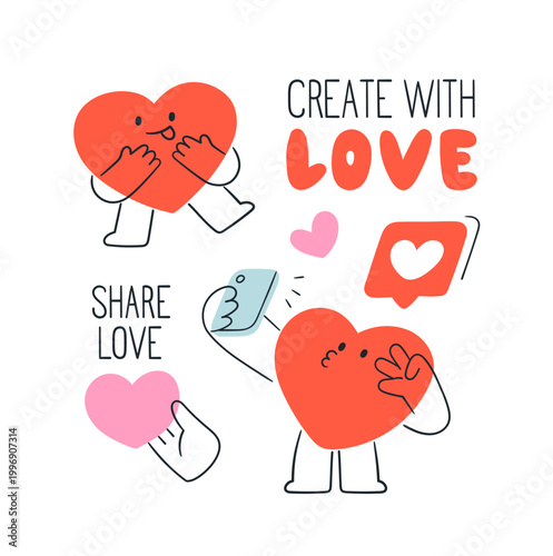 Cute heart character, love symbol, sharing like in social media. Funny happy content creator mascot with positive emotions, inspiring phrases. Flat vector illustrations isolated on white background