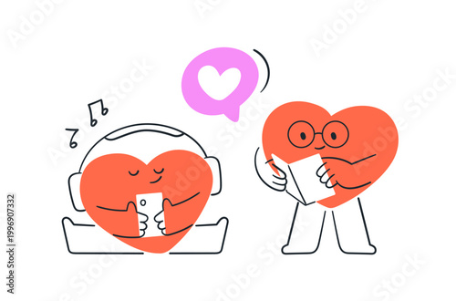 Love communication concept. Romantic couple chatting, sending sweet messages. Enamored heart characters, cute funny adorable valentine symbols. Flat vector illustration isolated on white background