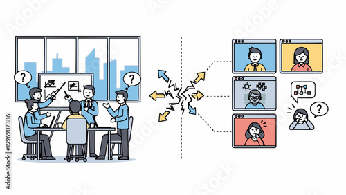 Exploring the interactive dynamics of hybrid communication, showing in-person meetings and the varied emotional experiences of remote collaboration participants