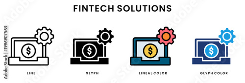 Fintech solutions icon set with digital payment system and gear automation concept in line, glyph, lineal color and glyph color styles