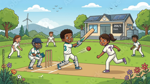 diverse group of children playing cricket on a green field with school building and wind turbine background vector illustration