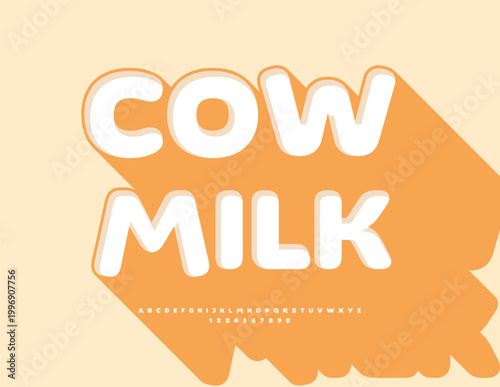 Vector Marketing label Cow Milk. Creative Cool Font. Cute White set of Unique Alphabet Letters and Numbers.