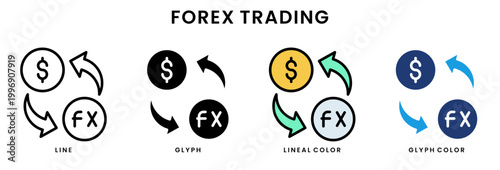 Forex trading icon set with currency exchange arrows dollar symbol and FX sign in line, glyph, lineal color and glyph color styles