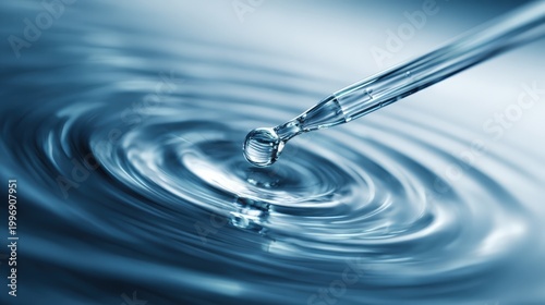 Close up of a pipette dropping water creating ripples in blue toned liquid