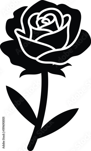 Black and white silhouette of a rose with stem and leaves flower symbol
