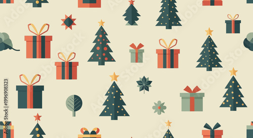 Seamless Christmas Pattern with Flat Design Trees and Gift Boxes