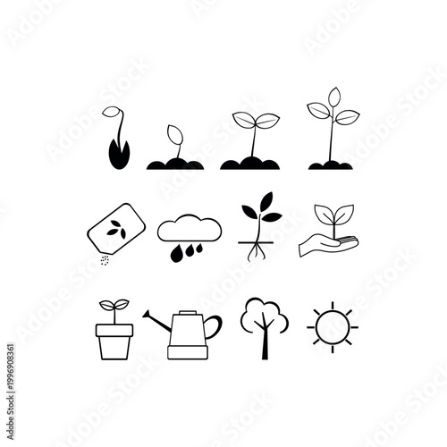 Manually drawn vector icons set for gardening and ecology. Handcrafted linear symbols including plant growth stages watering can seeds rain cloud tree and sun. Sustainable nature concept on white.