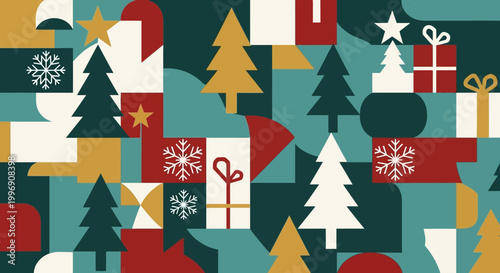 Modern Christmas Pattern with Geometric Trees and Gift Boxes
